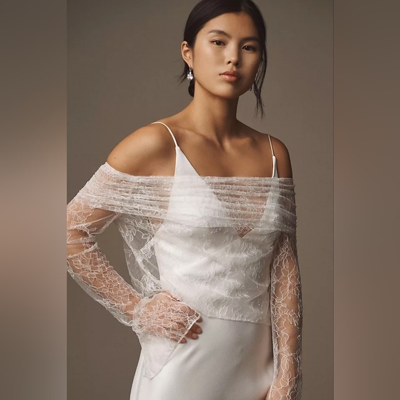 Theia Couture Ocean Off-The-Shoulder Long-Sleeve Lace Bridal Topper OUT OF STOCK - Picture 1 of 4